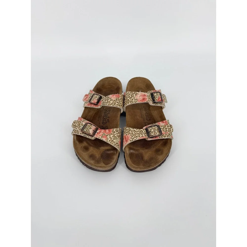 Birkis Birkenstock Floral Leopard Print Slide Sandals Brown Pink Tan 38 L7 M5